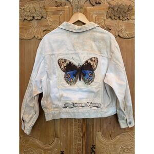 Small Tea Dyed Denim Jacket Butterfly Patch Unisex Folk Art Wearable Love